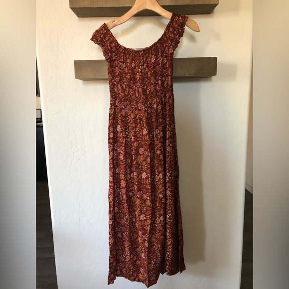 Lark + Grey|Boho burnt orange floral smocked midi dress, size large•••sleeveless - Picture 7 of 10